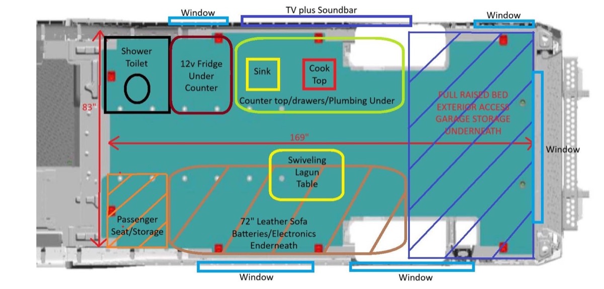 Annotated 2D floor plan drawn over a BrightDrop van outline