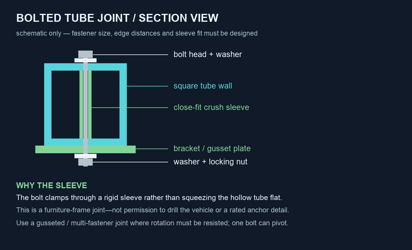 Schematic section through a bolted aluminum tube joint: bolt head and washer on top, the bolt passing down through both walls of a square tube, a close-fit crush sleeve inside the tube spanning between the walls so the bolt cannot squeeze the tube flat, a bracket or gusset plate under the tube, and a washer with a locking nut below