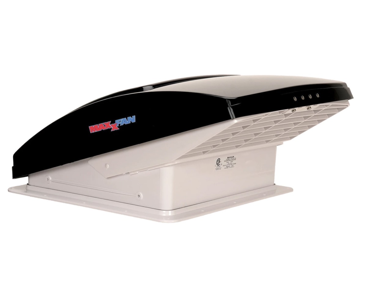 MaxxFan Deluxe 7500K roof vent fan with integrated rain shield