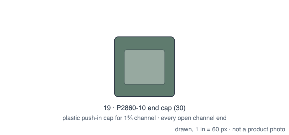Drawing of a plastic end cap for 1-5/8 inch strut channel