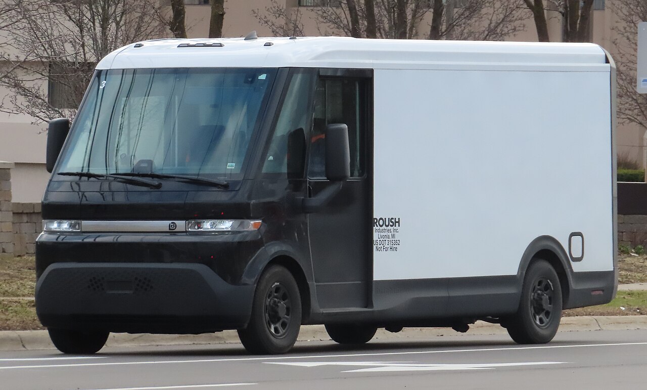 A BrightDrop Zevo 600 electric step van in factory delivery configuration